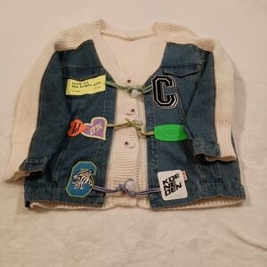 Joskaa Denim Patchwork Knit Sweater Cardigans Women V-Neck Full Sleeve Button Up